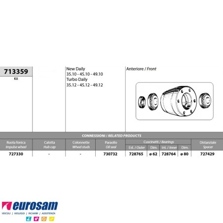 Kit mozzo ruota anteriore IVECO DAILY NEW DAILY 35.12 45.12 49.12 con cuscinetti